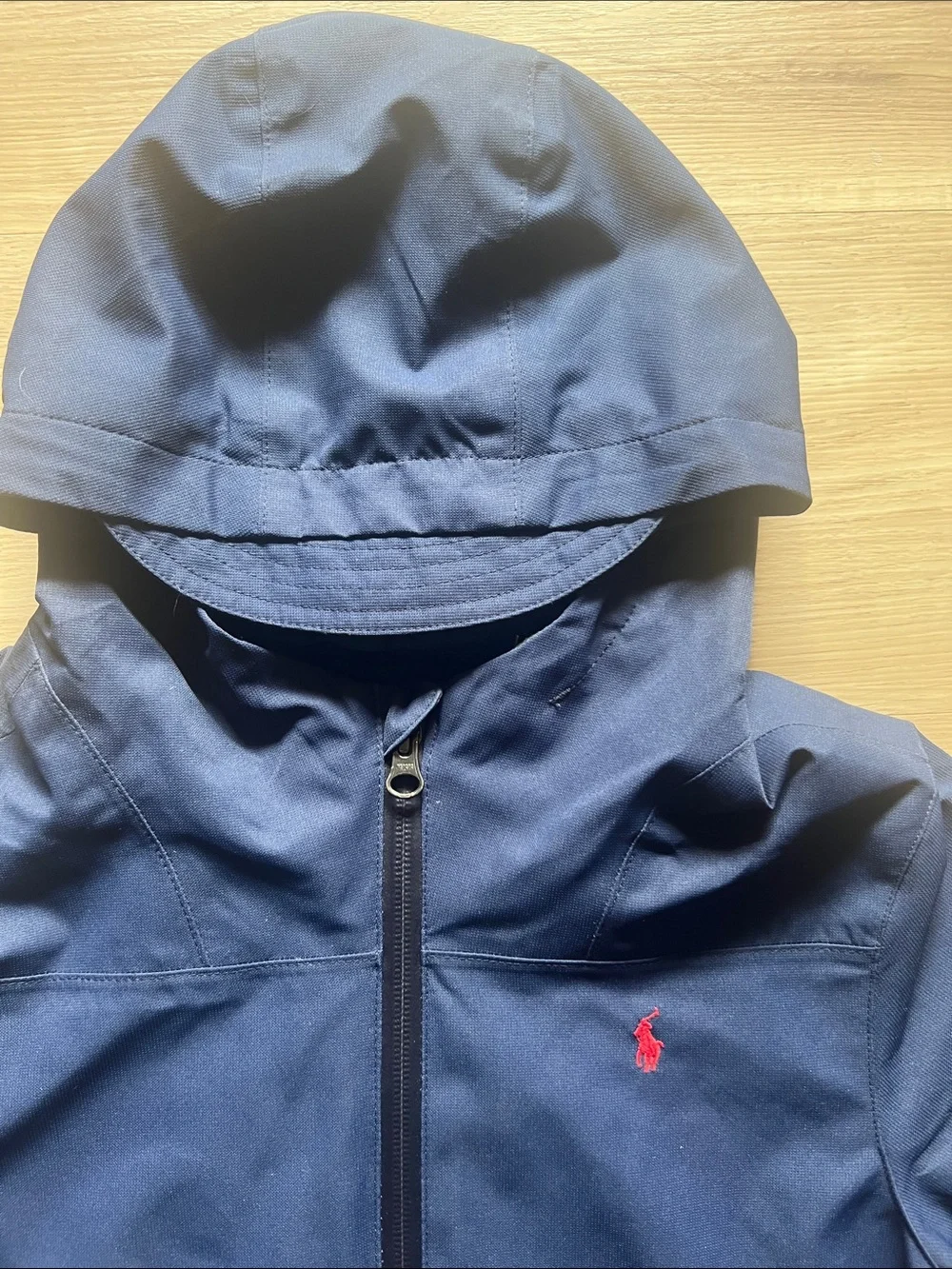 Polo by Ralph Lauren Navy Hooded Kids Rain Jacket with Red Polo Pony, size 6.